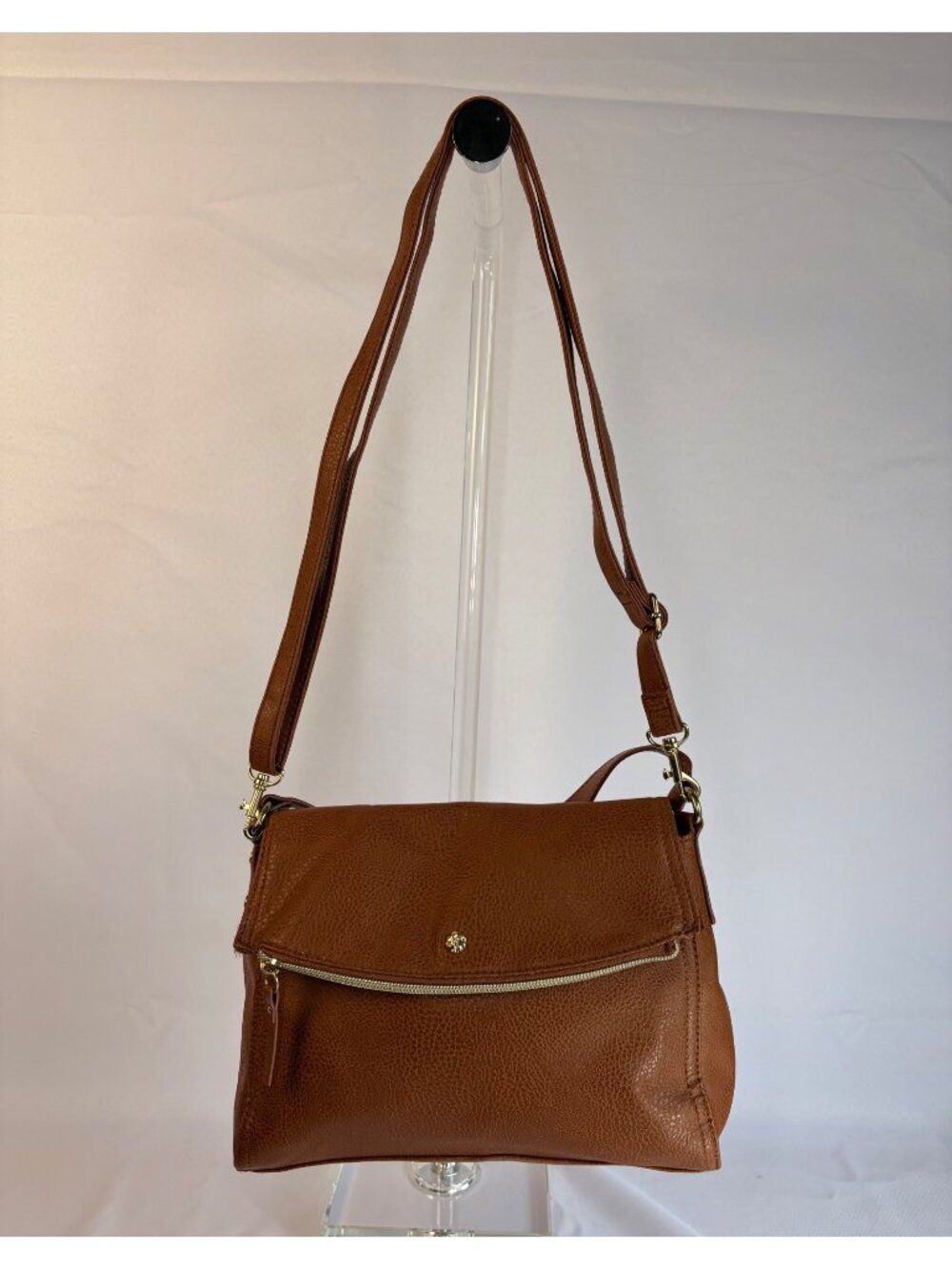 Cognac Brown Leather Crossbody Bag Foldover Flap Zip Purse Shoulder Bag Boho